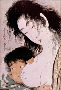 Yamauba a Kintaro: tetee japonský tisk Utamaro Kitagawa (1753-1806). Slunce. 0,37x0,25 m. 1801-1803. Paříž, Guimetovo muzeum, Národní muzeum asijského umění od Kitagawa Utamaro