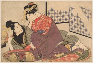 Mladý muž kouří s kurtizánou Jonge man potkal kurtizánu Negai no itoguchi (název série) od Kitagawa Utamaro