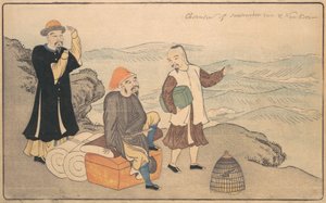 Skupina tří Číňanů na útesu u moře, 1789.
