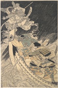 Minamoto Yoshitsune a jeho strážce, mnich Benkei..., konec 18. století.