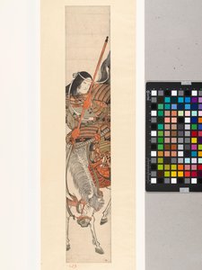 Válečnice Tomoe Gozen v brnění s mečem na koni od Kitao Shigemasa (attributed to)