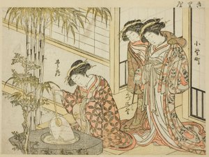 Kurtizány z Maruya, z knihy "Zrcadlo krásných žen z požitkářských čtvrtí (Seiro bijin awase sugata kagami), sv. 2