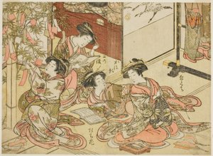 Kurtizány Shin Kanaya, ze série „Zrcadlo krásných žen ze čtvrtí potěšení (Seiro bijin awase sugata kagami), sv. 2