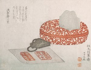 Pečeti a vyřezávaná laková nádoba na pečetní inkoust, 1817. od Kitao Shigemasa