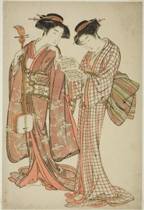 Dvě Gejši drží Shamisen a Song Book od Kitao Shigemasa