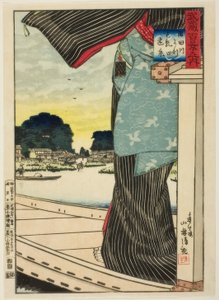 Vzdálený pohled na kopec Matsuchi při pohledu z řeky Sumida (Sumidagawa yori Matsuchiyama enkei) ze série „Sto pohledů na provincii Musashi (Musashi hyakkei no uchi)“ od Kiyochika Kobayashi