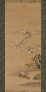 Waxwings, Cherry Blossoms, and Bamboo, pozdní 17. století. od Kiyohara Yukinobu