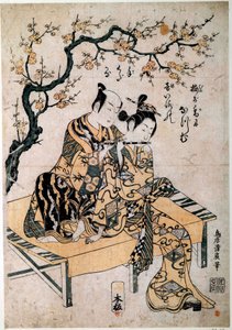 Japonské umění: hudebník dává flétnu lecon mladé ženě. Tisk Kiyohiro Torii (1737-1766) Paříž 18. století, B.N. od Kiyohiro Torii