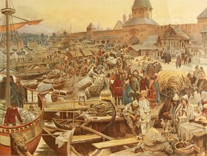 Novgorodský přístav, 1907 od Klavdiy Vasilievich Lebedev