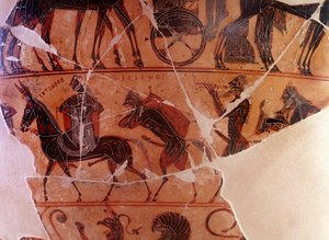 Návrat Hefaista (Héfaistos) na Olymp - detail pancíře, přední B spodní rejstřík - řecký kráter 