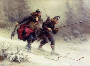 Vojáci norského krále Sverre, Torstein Skevla a Skjervald Skrukka nesoucí králova syna Hakona Hakonssona