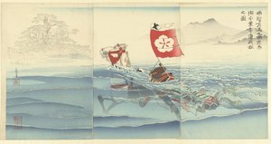 Gezicht op de Karasaki pijnboom terwijl Akechi Samanosuke Mitsuharu het meer overzwemt. Akechi Samanosuke Mitsuharu kosui noriuchi Karasaki matsu no zu. od Kobayashi Kiyochika
