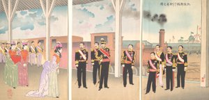 Ilustrace příjezdu císaře na stanici Shinbashi po vítězství vítězství..., 1895.