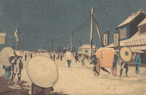 Pouliční scéna na předměstí Edo jednoho zimního večera, ca. 1878.