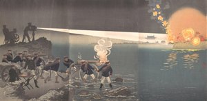 Použití elektrického světla v době útoku na Bingyang, Korea, konec 19. století. od Kobayashi Kiyochika