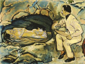Autoportrét, kresba s mořskou pannou ve skalní jeskyni, 1914. od Koloman Moser
