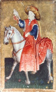 Jízdní sokolník, jedna ze sady hracích karet zobrazujících scény dvorského jestřábnictví, oblast Horního Porýní, kolem 1440-45 (pero a inkoust, wc) (viz také 87698 a 88300-03) od Konrad Witz