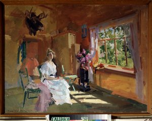 V pokoji. Mladá žena ve světlých šatech, sedící před oknem, přes které vidíme do zahrady, vysoké léto. Obraz Konstantina Alexejeviče Korovina (1861-1939), olej na plátně od Konstantin Alekseevich Korovin