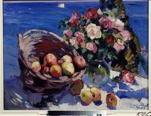 Gurzuf, Ukrajina (Gurzuf). Zátiší květin a ovoce u moře. Malba Konstantina Alexejeviče Korovina (Constantin Korovin) (1861-1939), olej na plátně od Konstantin Alekseevich Korovin