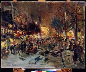 Grand Boulevard v Paříži (Boulevard v Paříži). Pohled na rušnou ulici ve večerních hodinách. Vpravo můžete vidět Morrisovy sloupy. Obraz Konstantina Alexejeviče Korovina (Constantin Korovin) (1861-1939), olej na plátně od Konstantin Alekseevich Korovin