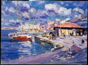 Fishing Bay v Sevastopolu (Ukrajina) (Fishing Bay, Sevastopol). Pohled na nábřeží, kde kotví lodě, chodci a budovy pod sluncem. Obraz Konstantina Alexejeviče Korovina (Constantin Korovin) (1861-1939), olej na plátně od Konstantin Alekseevich Korovin