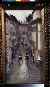 Déšť ve Florencii (Déšť ve Florencii). Popis ulice ve středověkém centru města Toskánsko (Itálie). Obraz Konstantina Alexejeviče Korovina (Constantin Korovin) (1861-1939), olej na plátně od Konstantin Alekseevich Korovin