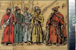Návrhy kostýmů pro operu Chovanshchina aneb knížata Khovanskij od Modeste Musorgského (1839-1881) (Návrh kostýmů pro operu Chovanshchina od M. Musorgského). Dílo Konstantina Alexejeviče Korovina (Constantin Korovin) (1861-1939), akvarel, go od Konstantin Alekseevich Korovin