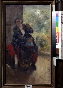 Bytná nebo žena se sklenkou vína (A Landlady, Woman with a Glass of Wine). Silná sedící žena zvedne sklenici k přípitku a drží obrovskou láhev vína. Obraz Konstantina Alexejeviče Korovina (Constantin Korovin) (1861-1939), od Konstantin Alekseevich Korovin