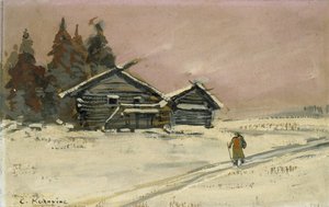 Zimní krajina se dvěma dřevěnými chatami (kolorováno olejem na desce, paspartováno jako kresba) od Konstantin Alekseevich Korovin