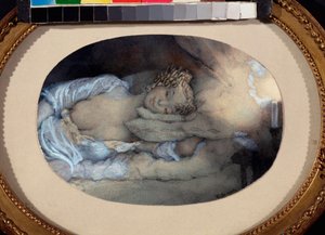 Být zamilovaný. (Mladá dívka ležící, obnažená prsa, zasněná a usměvavá ve světle svíčky). Dílo Konstantina (Constantina) Andrejeviče Somova (1869-1939), akvarel na papíře od Konstantin Andreevic Somov