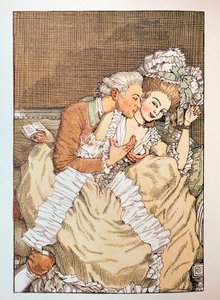 Ilustrace k "Le Livre de la Marquise"" od Franze Bleie (Ilustrace pro Knihu Markýzy od Franze Blei) (markýnka škádlící s netrpělivým milencem) - Dílo Konstantina (Constantina) Andrejeviče Somova (1869-1939), lept od Konstantin Andreevic Somov