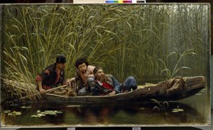 Seed Men. Popis tří pašeráků, zločinců nenápadně na hlídce ve člunu maskovaném mezi rákosím. Obraz Konstantina Apollonoviče Savitského (1844-1905), olej na plátně