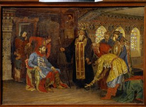 Pozvání knížete Dmitrije Požarského (1577-1642), aby velel armádám za osvobození Moskvy. (Pozvání knížete Požarského k vládě nad armádami za osvobození Moskvy). Po obdržení požehnání Irenarcha z Rostova, princ