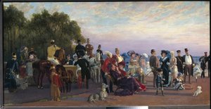 Na špičce Vasilievského ostrova, Strelka (Saint Petersburg) (Na rozdělení ostrova, Strelka). Setkání aristokratů na letní večer. Obraz Konstantina Apollonoviče Savitského (1844-1905), olej na plátně, kolem roku 1870. Ruské umění 19. století, real.