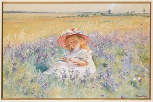 Mladá dívka v poli šalvěje, sedmikrásky a lišajníku lučního, od Konstantin Egorovich Makovsky