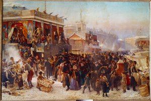 Balladins na náměstí Admiraut v St. Petersburg Street Theatre Show. Obraz Konstantina Makovského (Makovského) (1839-1915) (ek.rus.) 1869 Moskva, Treťjakovská galerie od Konstantin Egorovich Makovsky