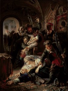 Nájemní vrazi zabíjející cara Borise Fjodoroviče Godunova syna od Konstantin Egorovich Makovsky