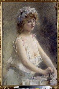 Žehlič. (Žena žehlení). Mladá žena ve spodním prádle, na sobě negližé a krajkovou čepici, vykonávající domácí úkol. Obraz Konstantina Jegoroviče Makovského (Constantin Makovsky) (1839-1915), olej na plátně, kolem roku 1880. Umění r. od Konstantin Egorovich Makovsky