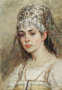 Portrét bojarské ženy (boiard, boiar): je oblečená v sarafánových šatech a na hlavě má ​​kokoshnik, tradiční účes - obraz Konstantina Jegoroviče Makovského (Constantin Makovski) (1839-1915) od Konstantin Egorovich Makovsky