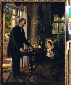 Chatelaine na zámku. (Stará dáma si vezme čaj, který jí podává sluha, který ji obdaruje chlebem a marmeládou). Obraz Konstantina Jegoroviče Makovského (Constantin Makovsky) (1839-1915), olej na plátně od Konstantin Egorovich Makovsky