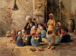 Škola v Káhiře (Egypt). (Škola v Káhiře). Učitel se ptá chlapců ve třídě, která je uspořádána na podložce na podlaze. Chlapec stojí mezi ostatními, sedí a čte si jejich učebnici, podložka je obklopena botami od Konstantin Egorovich Makovsky