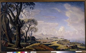 ""Paysage avec arbres"" (Krajina se stromy) Peinture de Konstantin Fjodorovič Bogajevskij (Constantin Bogajevskij) (1872-1943) Olej na plátně 1927 Státní Treťjakovská galerie, Moskva