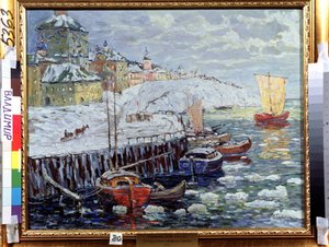 Nábřeží ve starém ruském městě. Popis nábřeží, kde kotví lodě na řece pokryté bloky sněhu, v pozadí město a odplouvající plachetnice. Obraz od Konstantina (Co od Konstantin Ivanovich Gorbatov