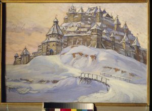Stará ruská pevnost. (Dřevěné opevněné město, pod sněhem na Ukrajině ve středověku). Dílo Konstantina (Constantina) Ivanoviče Gorbatova (1876-1945), tempera na dřevě, počátek 20. století. Soukromá sbírka.