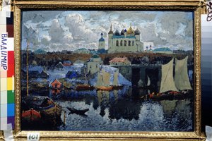 Most v Novgorodu (Rusko) (Novgorod, molo). Obraz Konstantina (Constantina) Ivanoviče Gorbatova (1876-1945), olej na plátně od Konstantin Ivanovich Gorbatov