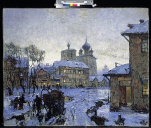 ""Tání"" Krajina ruské vesnice na konci zimy. Obraz Konstantina (Constantina) Gorbatova (1876-1945) 1910 Muzeum umění M. Kroshitsky, Sevastopol