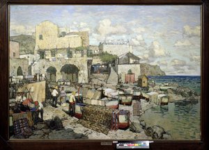 Pohled na ostrov Capri (Itálie). (Výhled na ostrov Capri). Obraz Konstantina (Constantina) Ivanoviče Gorbatova (1876-1945), olej na plátně. Ruské umění 20. století, realismus. Regionální muzeum umění W. Wereshchagina, Mykolajiv (nebo Nikolajev, Ukrajina) od Konstantin Ivanovich Gorbatov