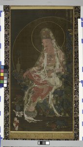 Vrba Bódhisattva Avalokiteshvara (Kwanseûm Posal) sedící v rajské zahradě, dynastie Koryo (inkoust, barva a zlato na hedvábí) od Korean School
