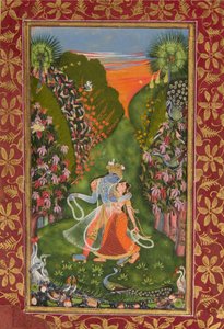 Radha a Krishna Walking in a Flowering Grove recto, Krishna Fluting verso, c1720 r, c1750-75 v od Kota Master