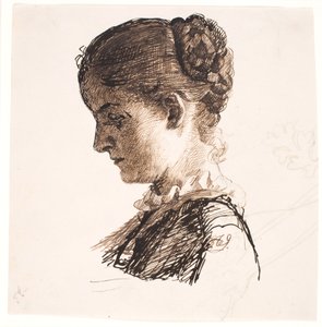 Umělcova sestra Elisabeth. Profil tv. Copánky účes od Kristian Zahrtmann